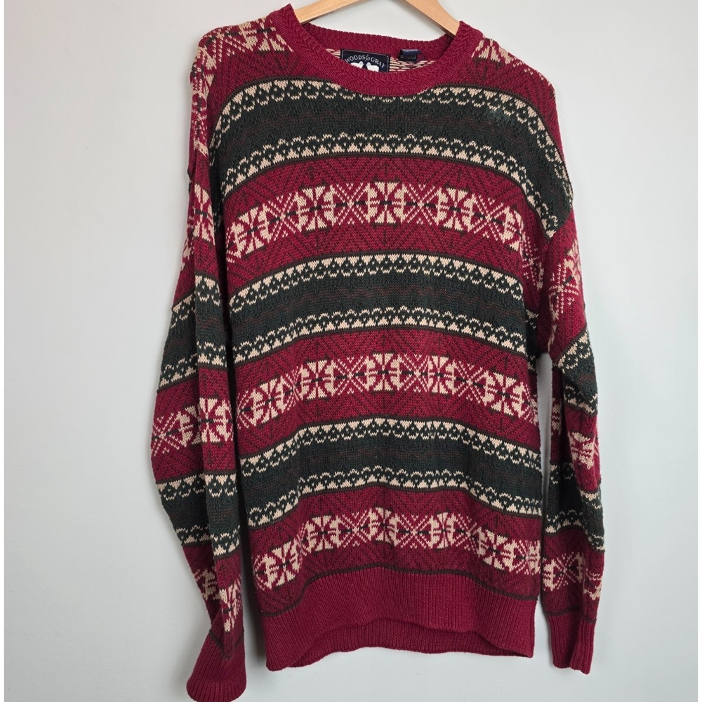 Vintage Woods & Gray Mens Fair Isle Knit Sweater L Red‎ Green Holiday Christmas